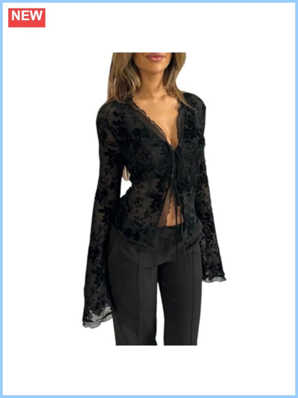Sheer Mesh Leopard Print Crop Top Long Flare Sleeve Lace Deep V Neck Blouse